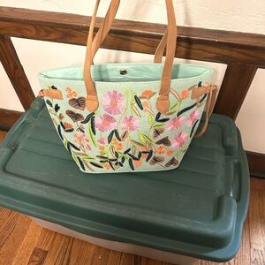 Embroidered Floral Tote with Tan Handles